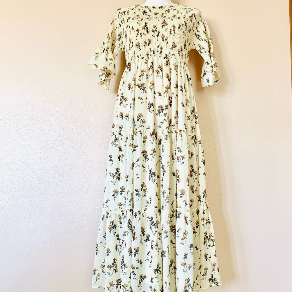 Jessakae Yellow, Brown & Green Floral Smocked Tiered Dress.